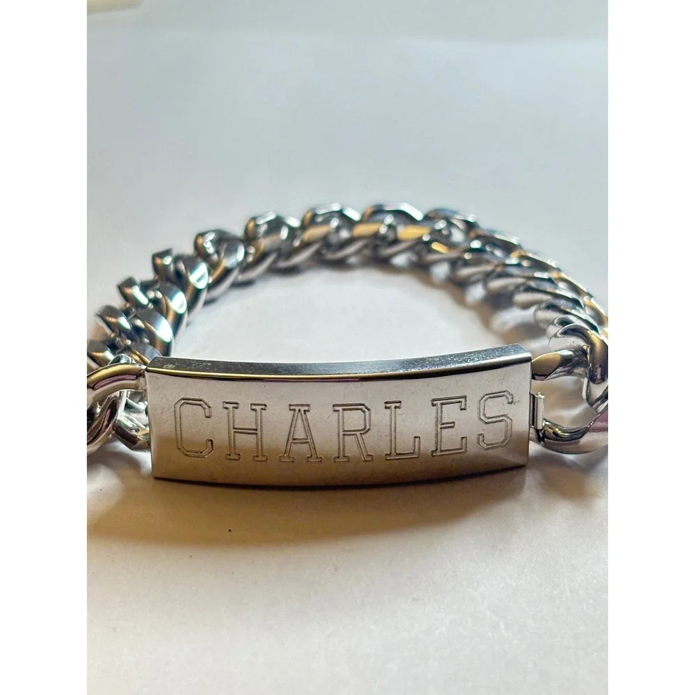 Vintage Speidel Charles ID Bracelet Rhodium Electroplated Curb Chain Silver Tone